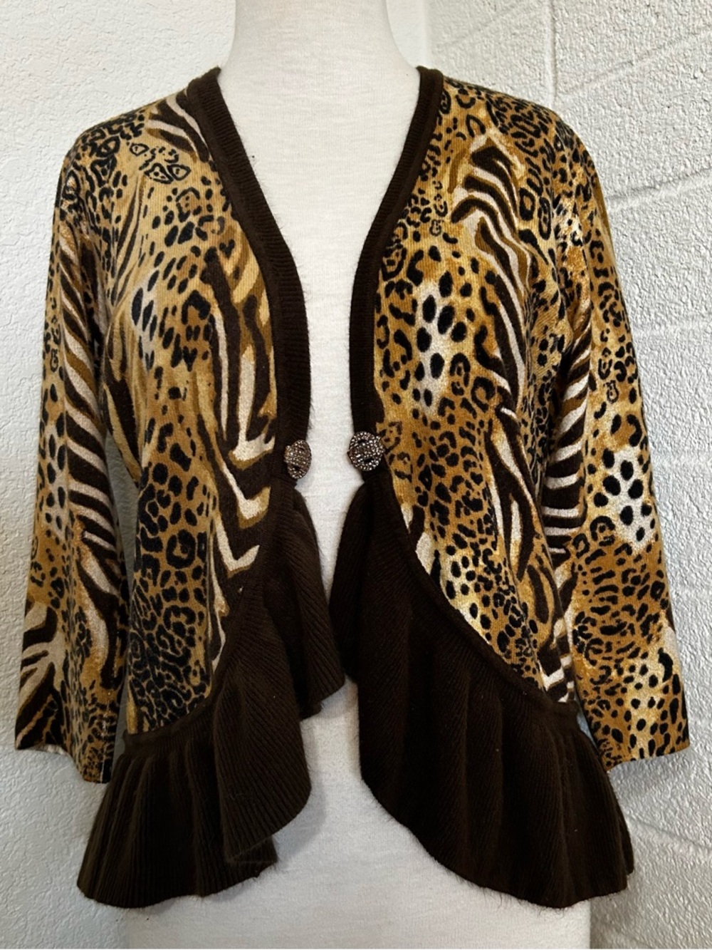 Y2k Leopard & Zebra Print Open Front Cardigan Ruffled Brown